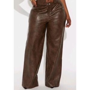 Women's High Waisted Faux Leather Wide Leg Pants 1X Brown